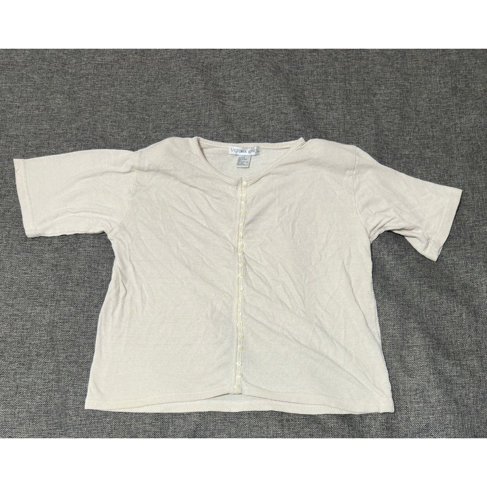 Victoria Jones Womens Large Cardigan Beige Short Sleeve 100% Silk Button Up